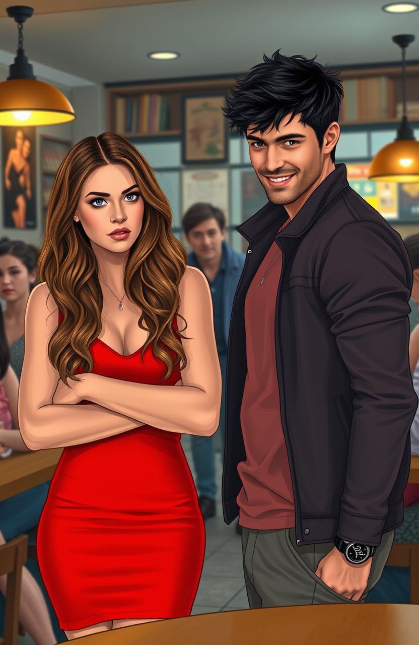 A dramatic scene depicting a tumultuous relationship, featuring a young woman with long, wavy brown hair and a guy with short, tousled black hair