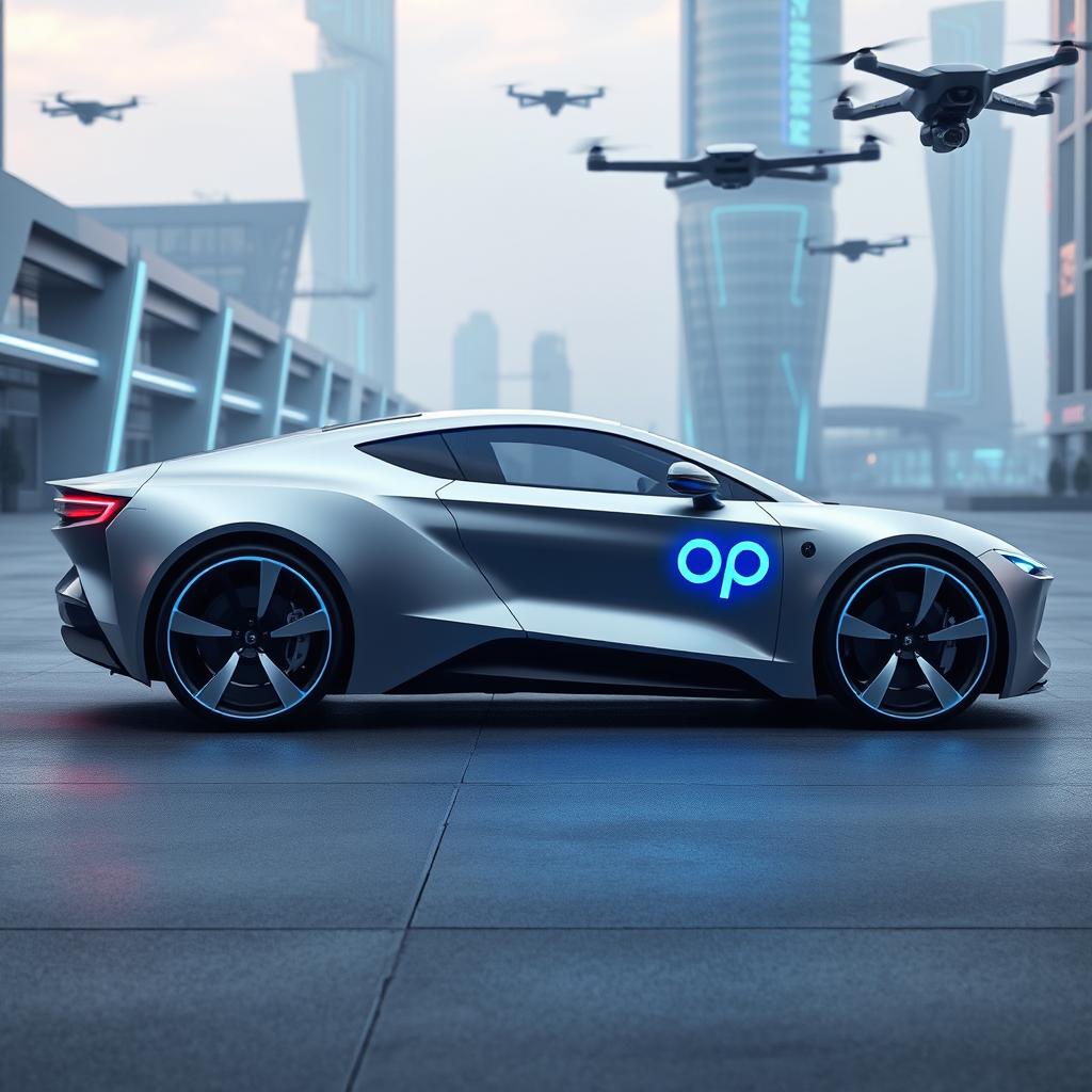 A striking side view of a 25th-century hyper electric car, featuring a sleek and futuristic design