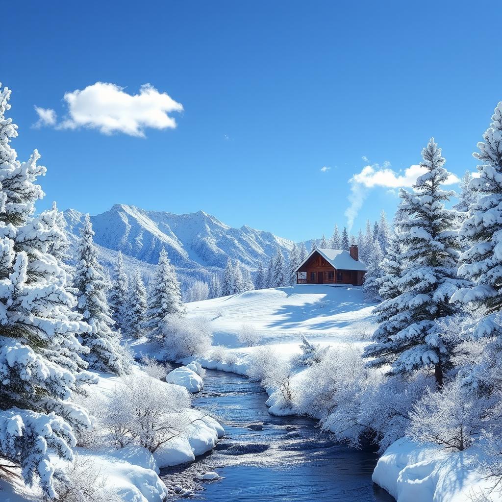 A beautifully detailed white landscape featuring a snowy mountain range under a clear blue sky