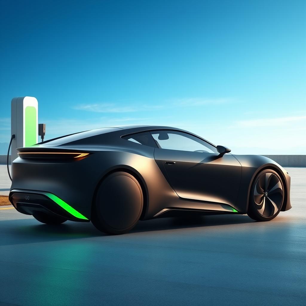 A sleek side view of a hyper electric car, featuring a cutting-edge design with smooth curves and a futuristic silhouette