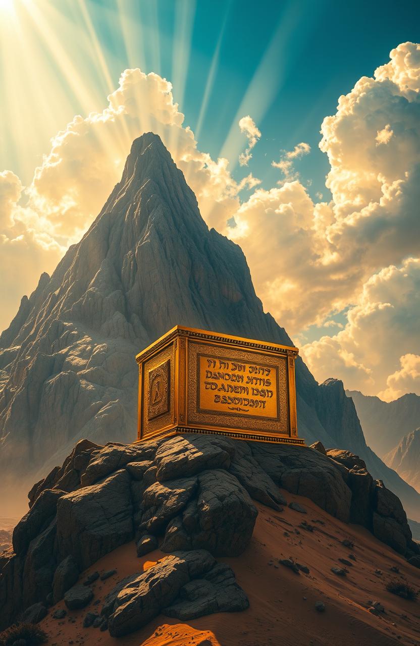 A majestic depiction of the Ark of the Covenant resting on Mount Sinai, surrounded by dramatic clouds and rays of light shining down from the heavens