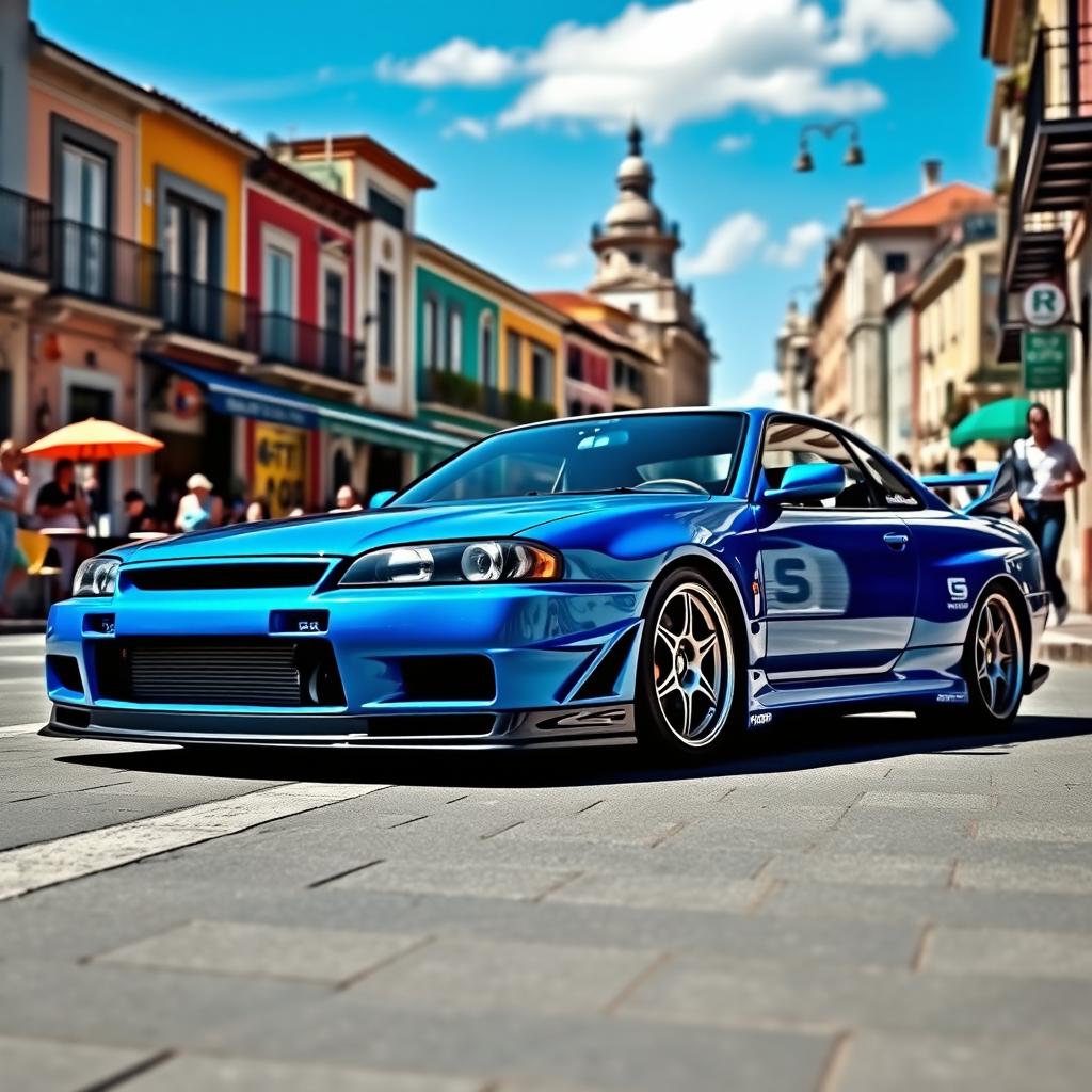 A stunning depiction of a Nissan R34 in a vibrant blue color, expertly parked on a bustling street in the city of Maia, Portugal