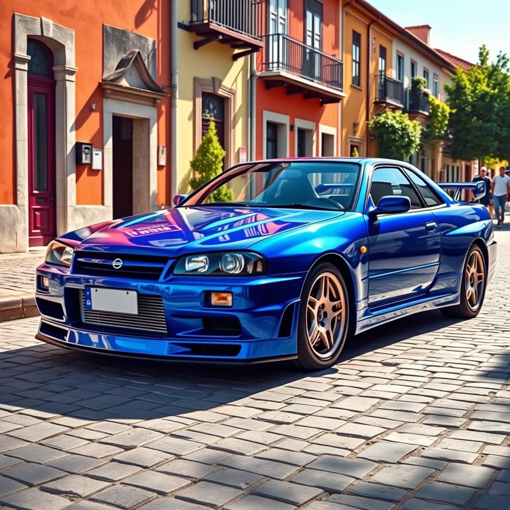 A realistic depiction of a blue Nissan R34 parked on a charming street in the city of Maia, Portugal