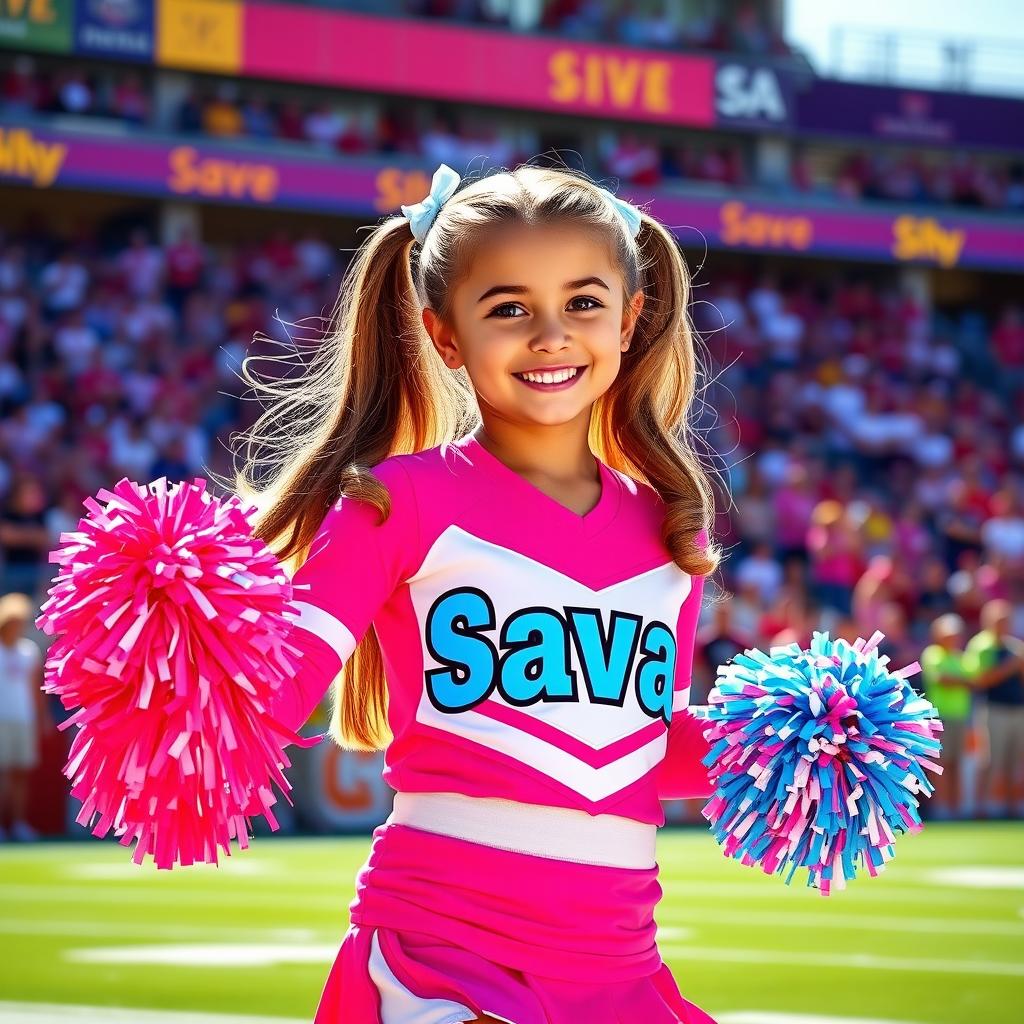 A cute cheerleader wearing a vibrant cheerleading outfit, with a bright smile and energetic pose, showcasing her cheerleading skills