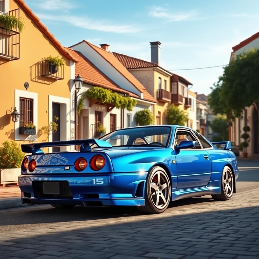A realistic depiction of a blue Nissan R34 parked on the street of Santo António at 253 Silva Escura in Maia, Portugal
