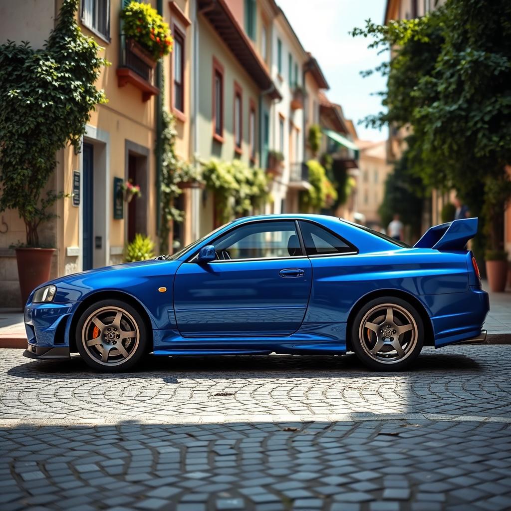 A realistic side view of a blue Nissan R34 parked on the street of Santo António at 253 Silva Escura in Maia, Portugal