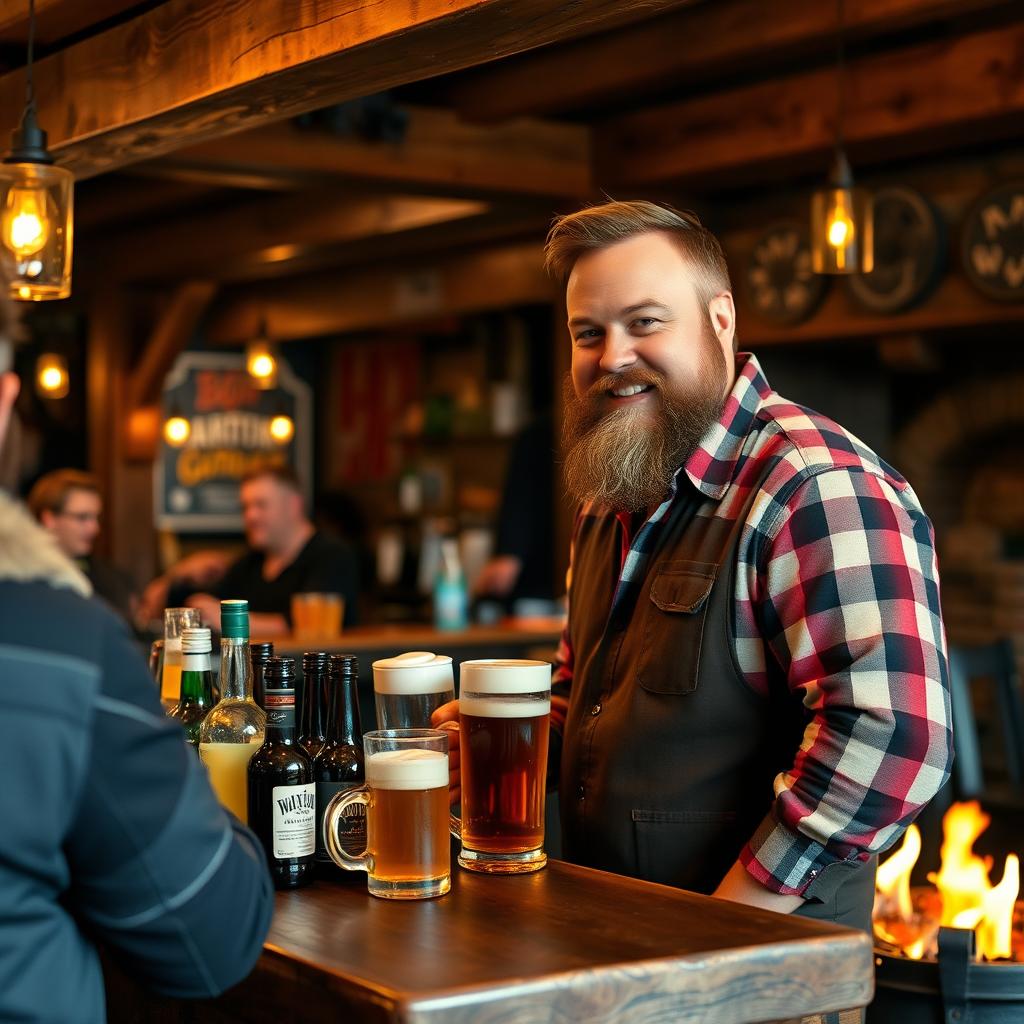 A tavern bartender with a thick beard, wearing a classic checked shirt, standing behind a rustic wooden bar filled with an array of colorful bottles and mugs