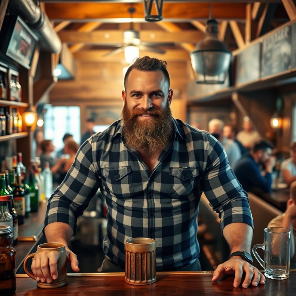 A muscular tavern bartender with a thick beard, wearing a tight-fitting checked shirt that accentuates his physique