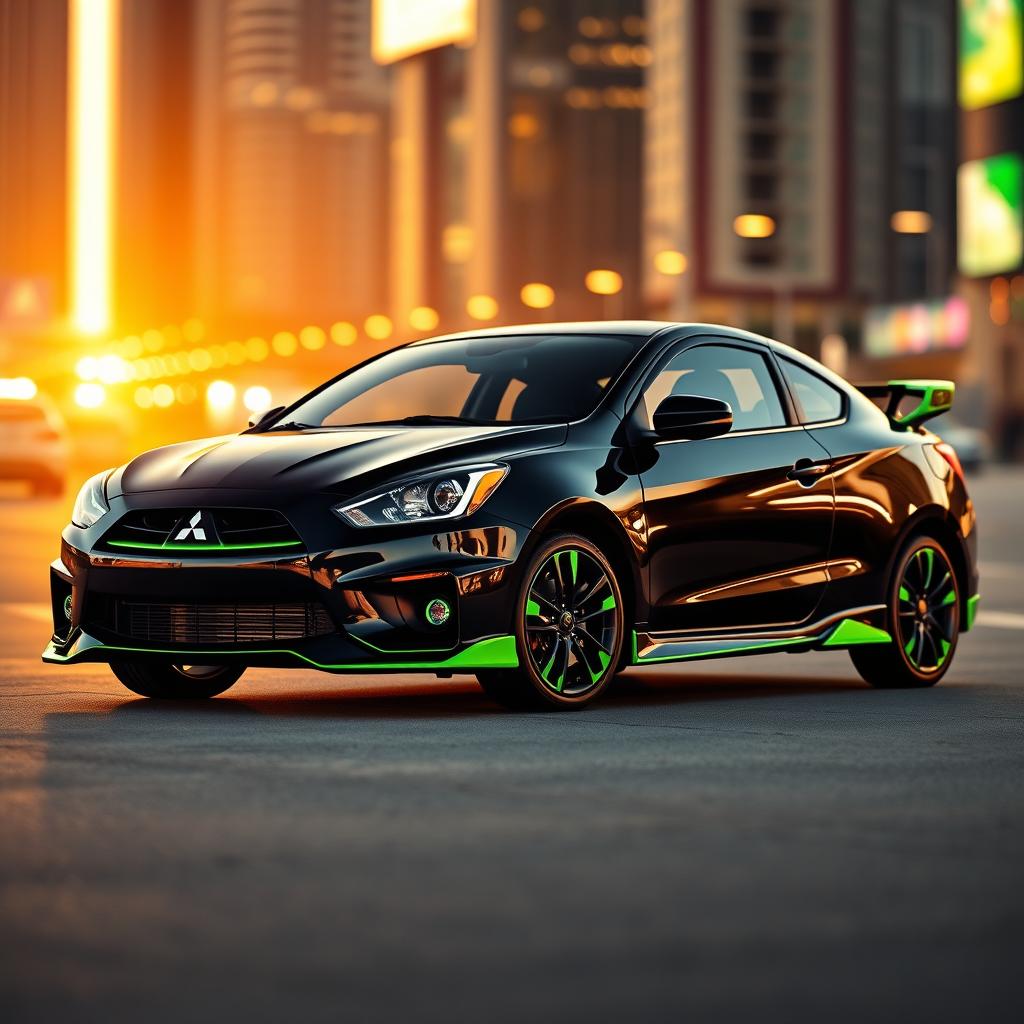 A Mitsubishi Mirage 2000 coupe, featuring a striking blend of black and green colors