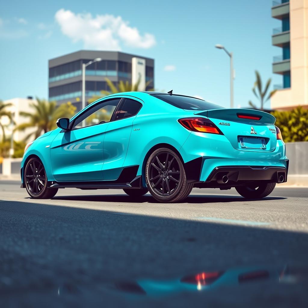 A stunning Mitsubishi Mirage 2000 Coupe in an eye-catching aqua and black color scheme