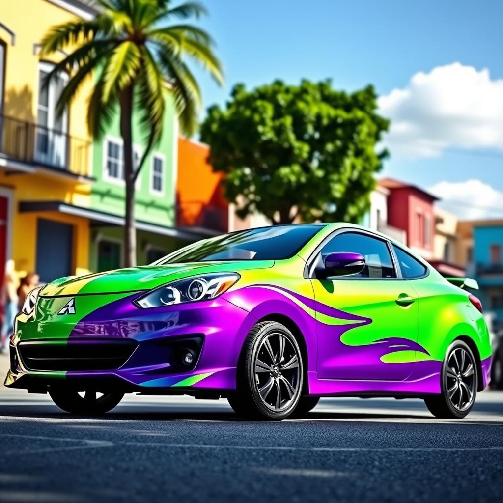 A Mitsubishi Mirage 2000 coupe, showcasing a unique and stunning color combination of bright green and purple
