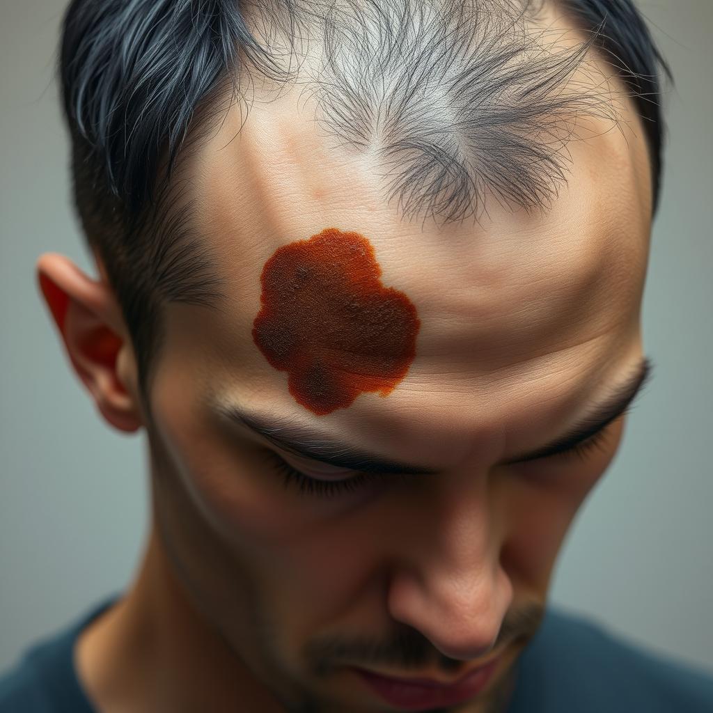 A hyper-realistic depiction of a man's scalp featuring a prominent and detailed birthmark