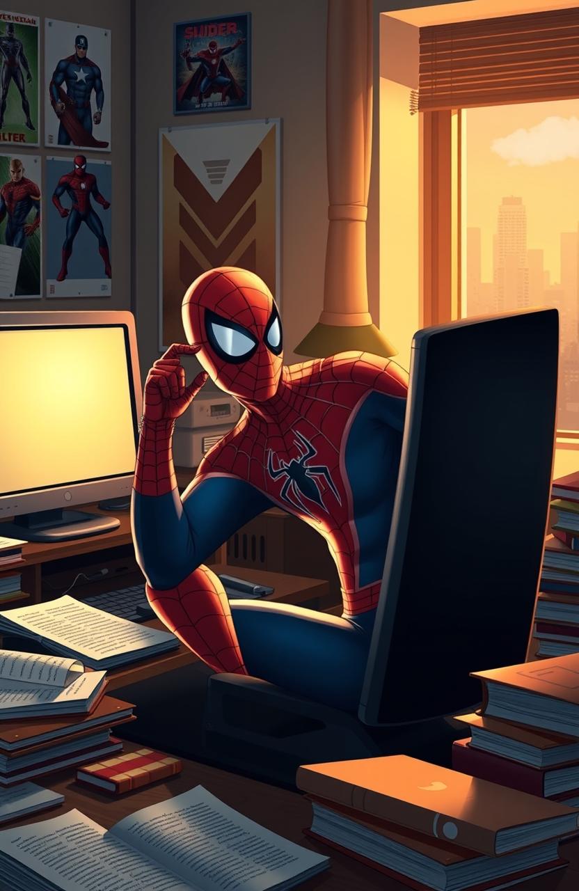 A dynamic scene featuring Spider-Man sitting at a computer desk, intensely focused on studying