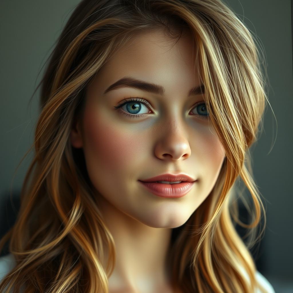 A realistic depiction of a 19-year-old woman with light brown hair, styled in loose waves that cascade over her shoulders