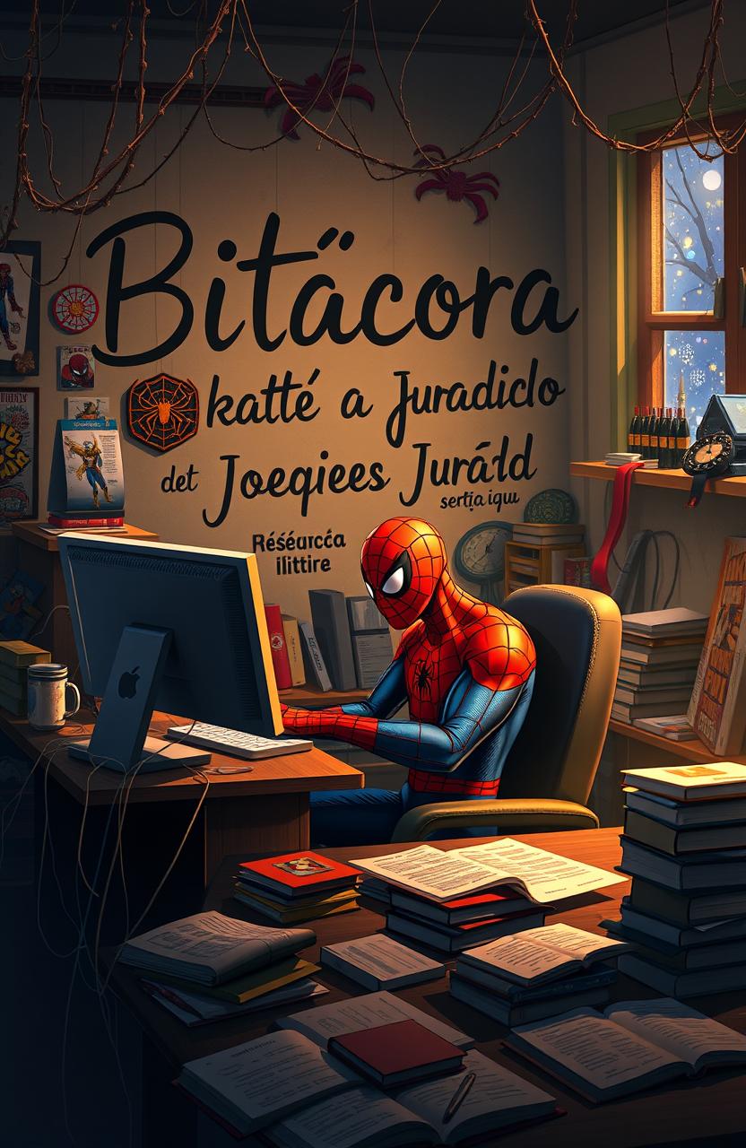 A scene depicting Spider-Man sitting at a desk, studying intently on a computer