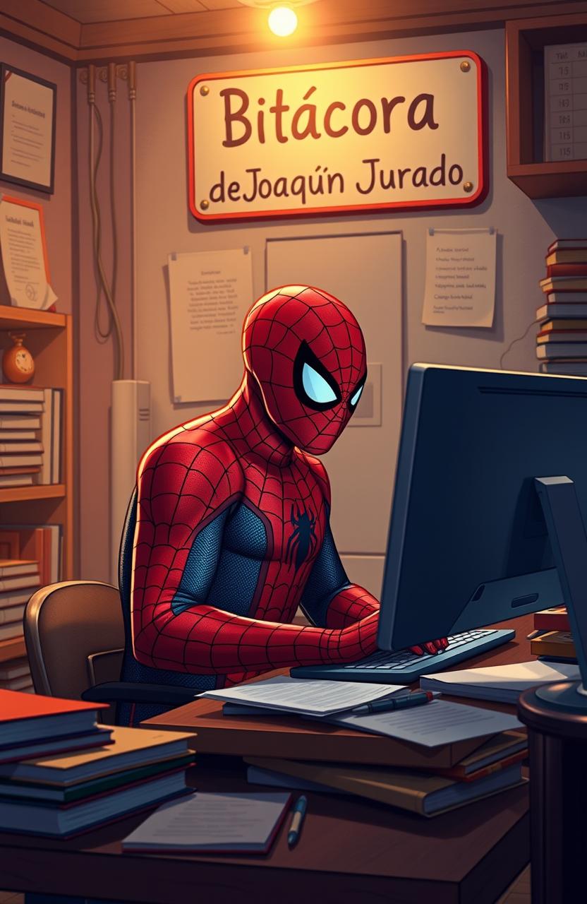 A scene depicting Spider-Man, dressed in his iconic red and blue suit, seated at a desk studying intently on a computer