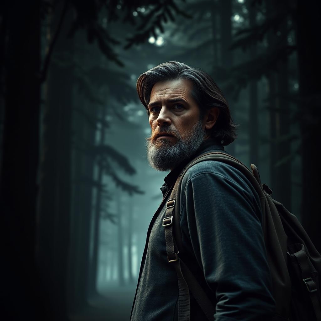 A hyper-realistic image of a middle-aged man with semi-long hair and a well-groomed beard, carrying a weathered backpack