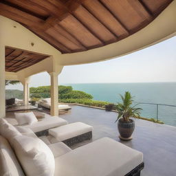 A lavish villa that offers a mesmerizing sea view, distinguished by a rooftop viewing point for enhanced vista and relaxation.