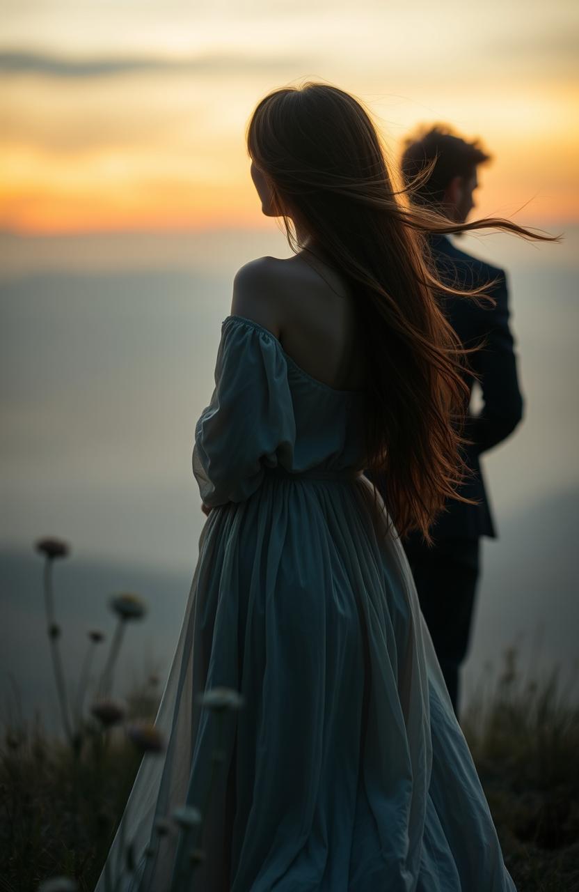 A mysterious and evocative scene where a woman stands with her back turned, gazing into the distance as a man approaches her from behind, expressing a sense of longing and pursuit
