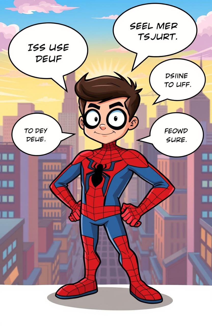 A comic-style illustration of Peter Parker, also known as Spider-Man, standing confidently in a dynamic pose
