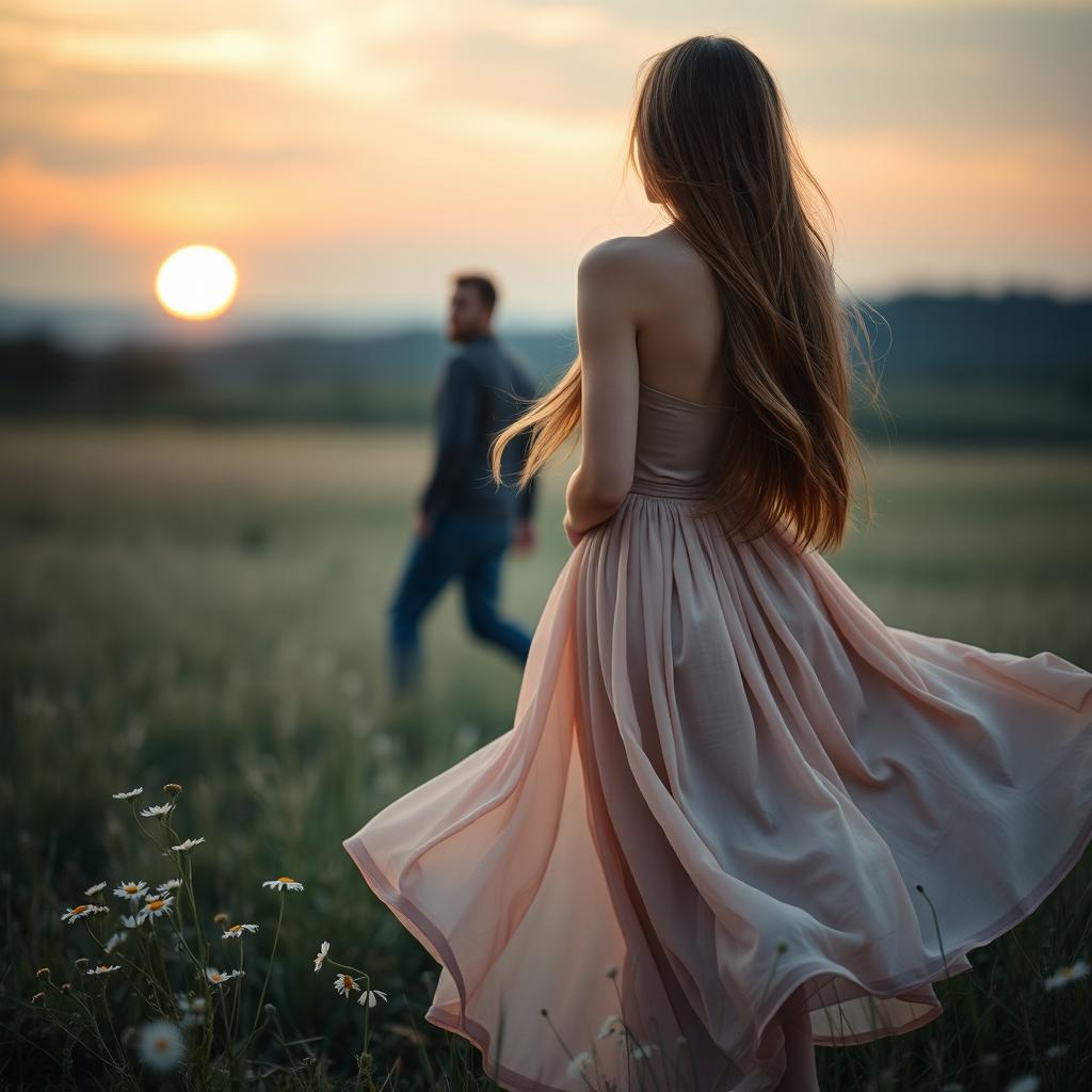 A captivating scene featuring a beautiful woman standing with her back turned, her long hair gracefully flowing down her back