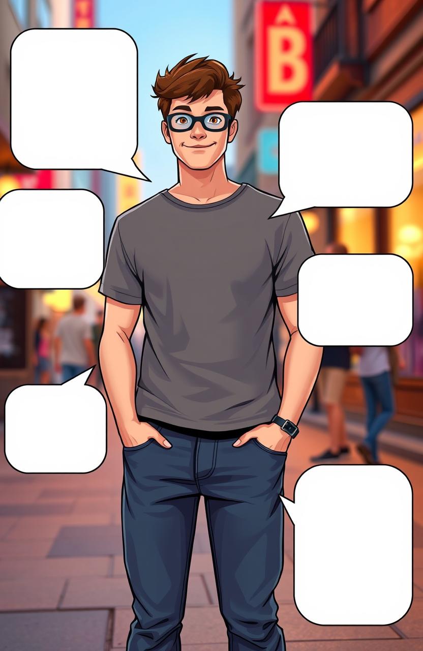 Peter Parker in casual clothes, standing confidently with a friendly expression, surrounded by four medium-sized speech bubbles that appear empty, ready for text to be added later