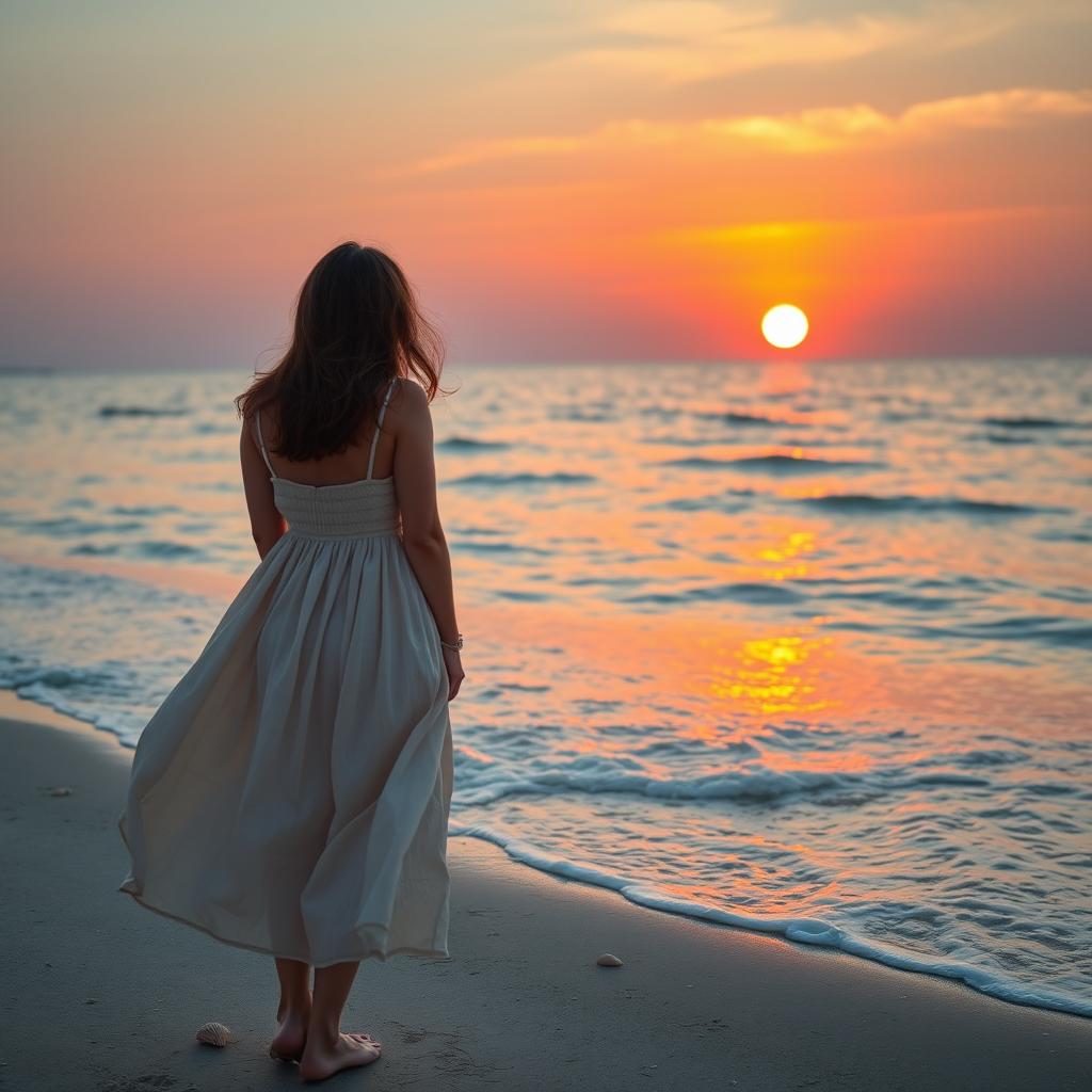 A romantic scene set near an ocean shore at sunset, where a woman stands with her back to the viewer, gazing out at the horizon