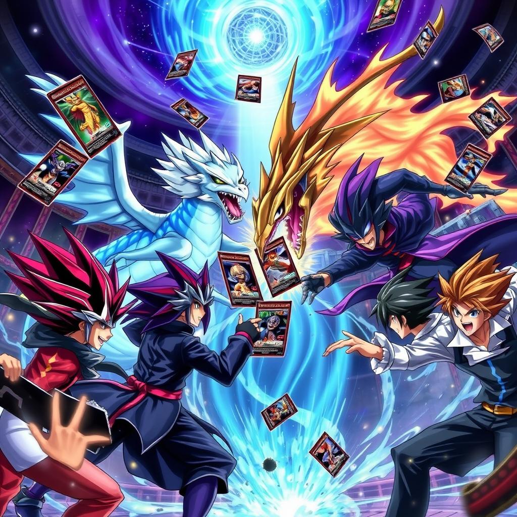 A dynamic battle scene from the world of Yu-Gi-Oh! featuring stylized collectible cards flying through the air, vibrant duel monsters like Blue-Eyes White Dragon and Dark Magician engaged in an epic clash, set against a dramatic, mystical duel arena backdrop illuminated with swirling magical energies and a starry sky