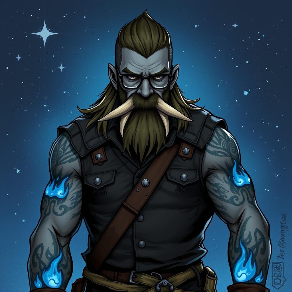 A D&D half-orc male ranger standing against a starry background