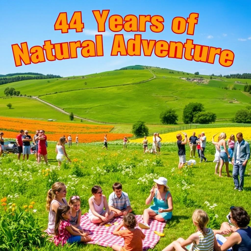 A picturesque rural landscape featuring lush green fields, vibrant flowers, and a clear blue sky