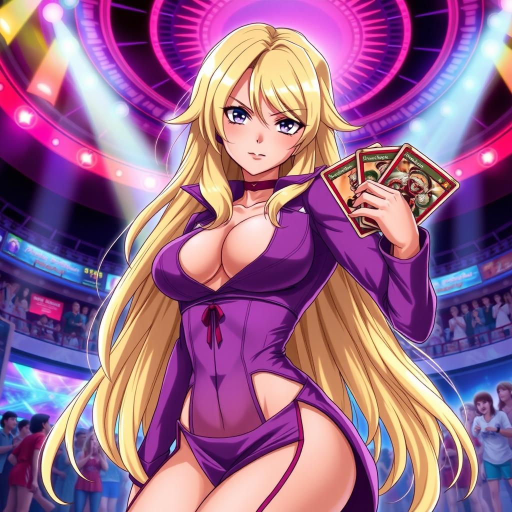 A dynamic and vibrant portrait of Mai Valentine, a character from Yu-Gi-Oh! She has long blonde hair styled in loose waves and wears a stylish purple outfit with a high slit, accentuating her confident demeanor