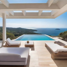 A sophisticated, roofless villa offering a stunning sea view. The top of the villa features an expansive open air lounge area for panoramic views and relaxation.