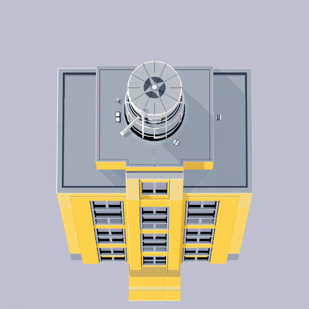 A top-down view of a minimalist building designed in pixel art style, featuring a color palette dominated by shades of gray and yellow
