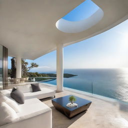 A sophisticated, roofless villa offering a stunning sea view. The top of the villa features an expansive open air lounge area for panoramic views and relaxation.