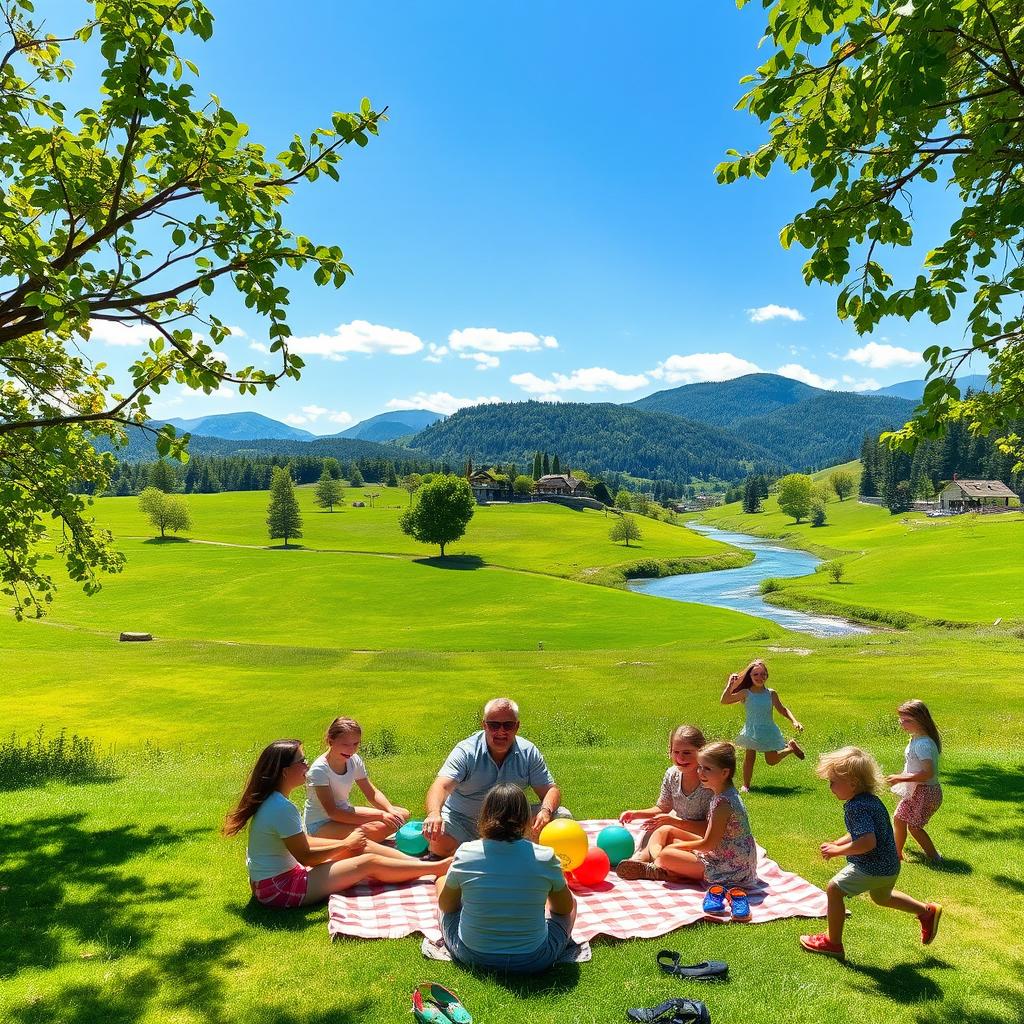 A beautiful countryside landscape with lush green meadows and leafy trees under a bright blue sky