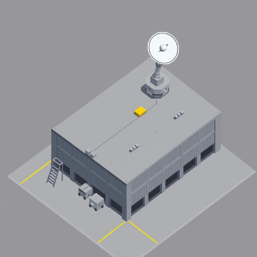 A top-down view of a wide warehouse illustrated in a minimalist pixel art style