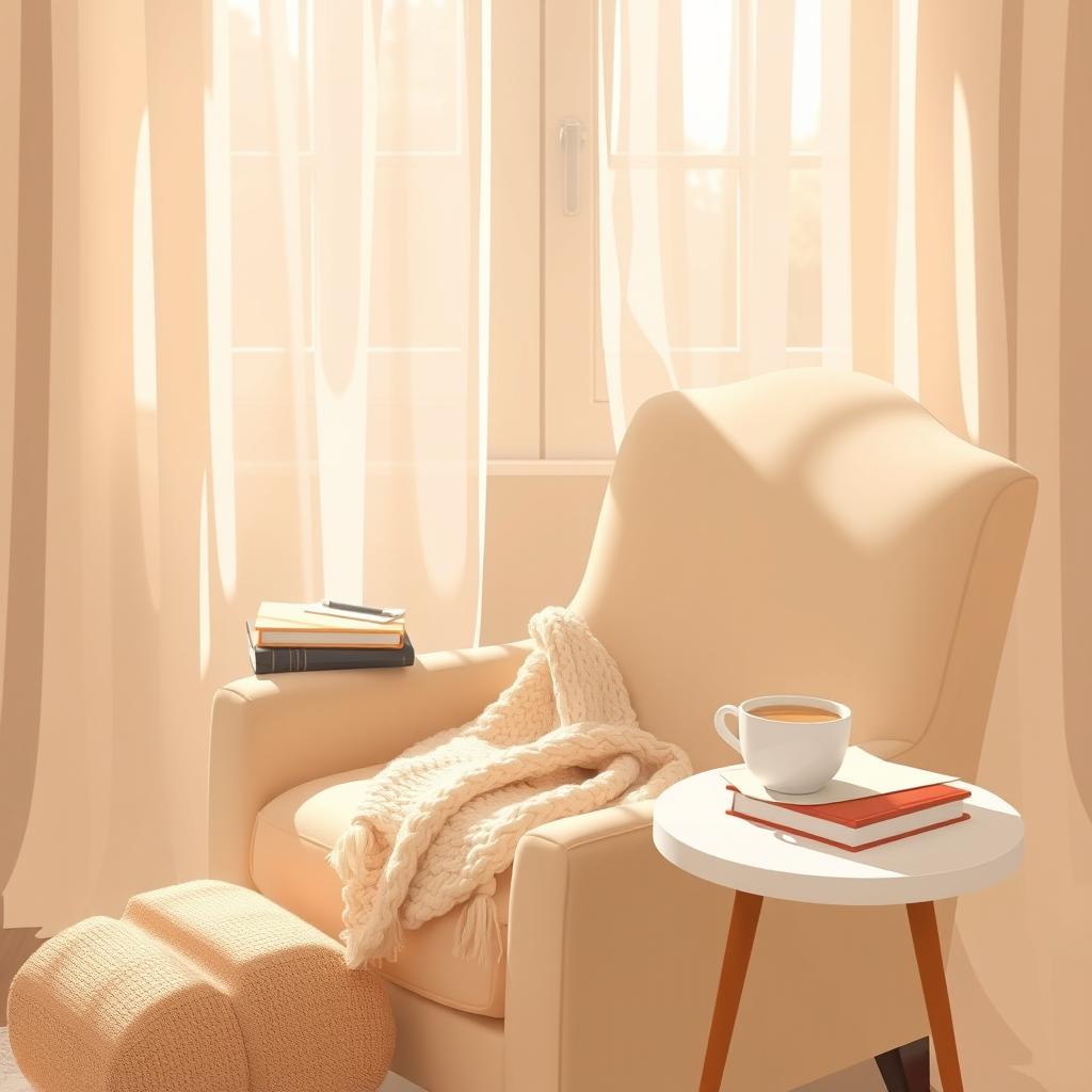 A serene and tranquil scene depicting a cozy indoor environment, with a soft armchair and a warm cup of tea resting on a small side table