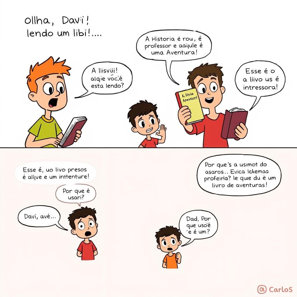 A humorous comic strip featuring three characters: Arthur, Davi, and Carlos