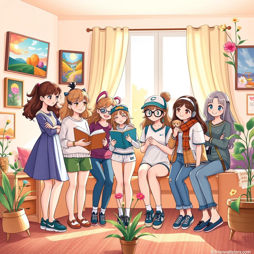A heartwarming illustration depicting the story of five sisters, each with distinct personalities and styles