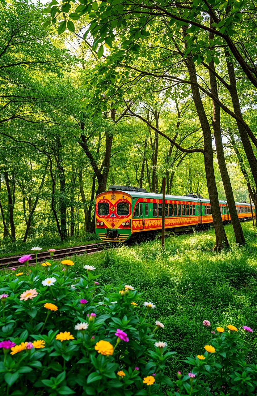 A vibrant, lush green forest serves as the background, with sunlight filtering through the dense canopy of leaves