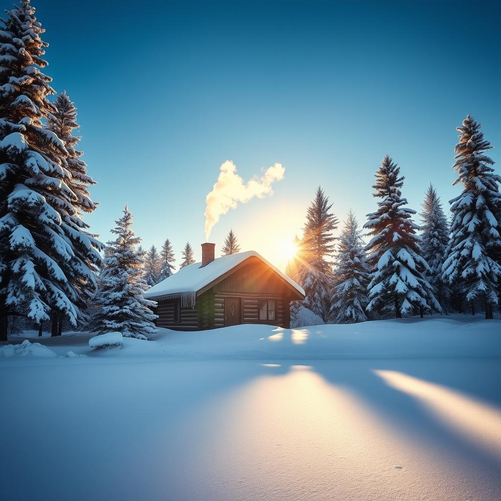 A serene winter landscape featuring a quaint log cabin nestled among snow-covered pine trees, with smoke gently rising from the chimney against a backdrop of a clear blue sky
