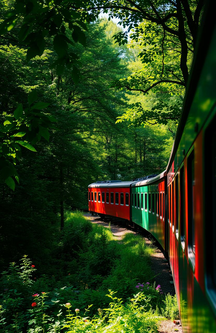 A vibrant and beautiful green forest serving as the background, with a picturesque and colorful pristine train smoothly traversing through the landscape