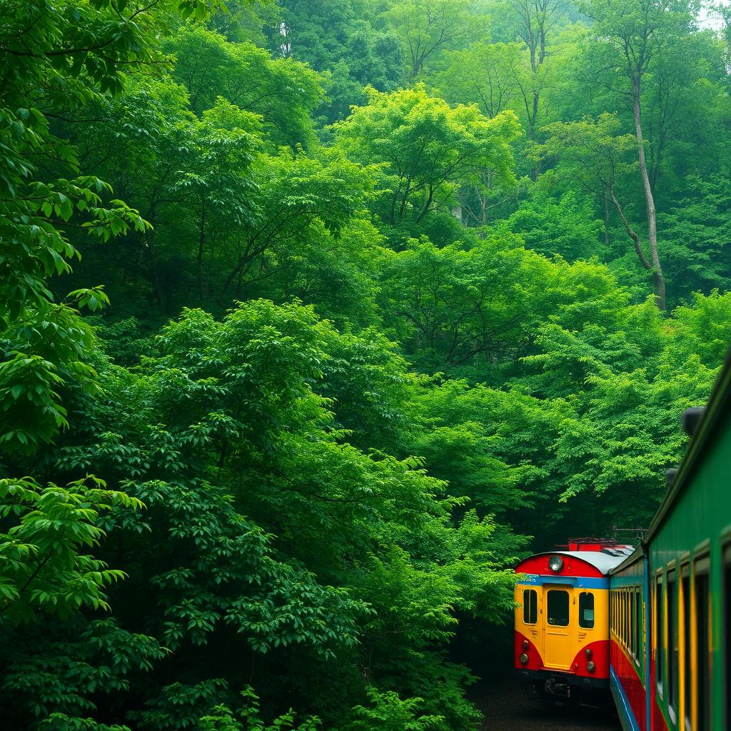 A lush green forest backdrop filled with dense trees and vibrant foliage, showcasing various shades of green