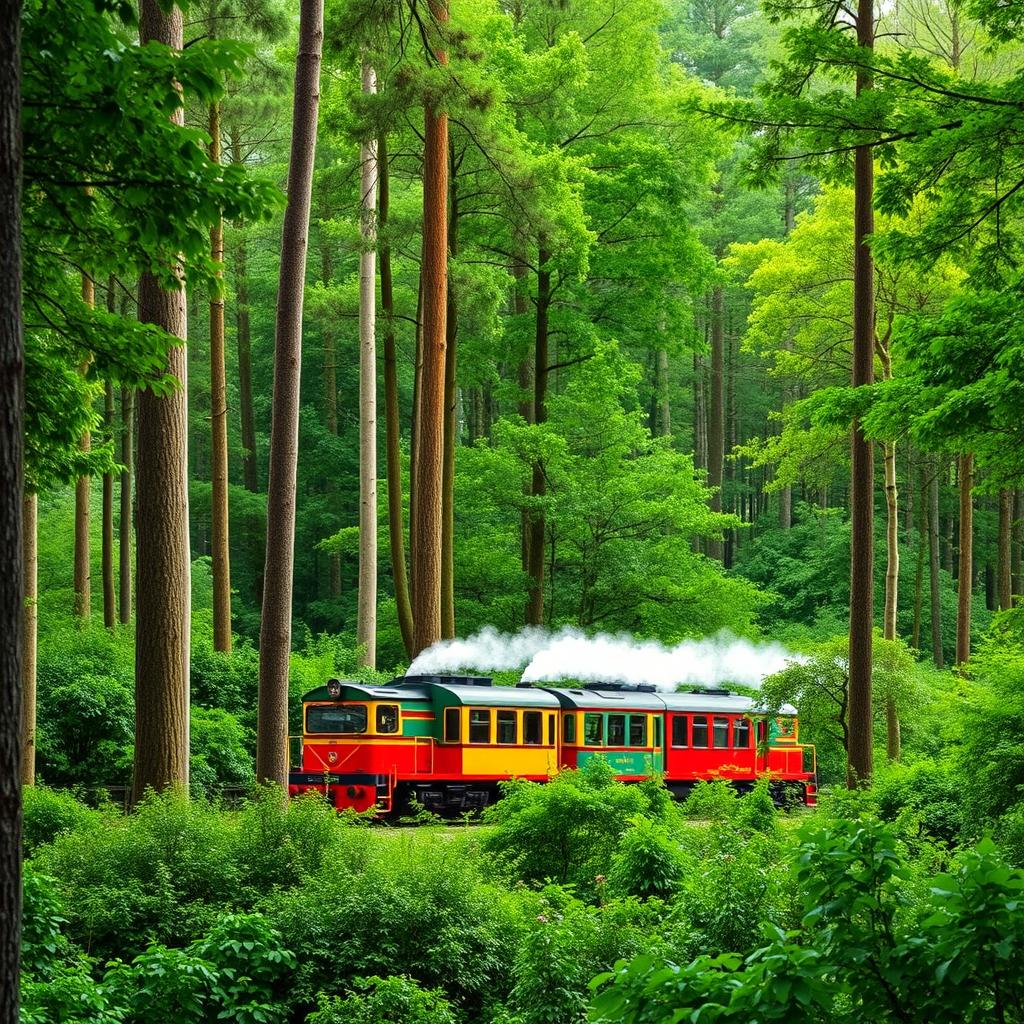 A vibrant green forest background featuring tall trees and thick underbrush, teeming with various shades of green