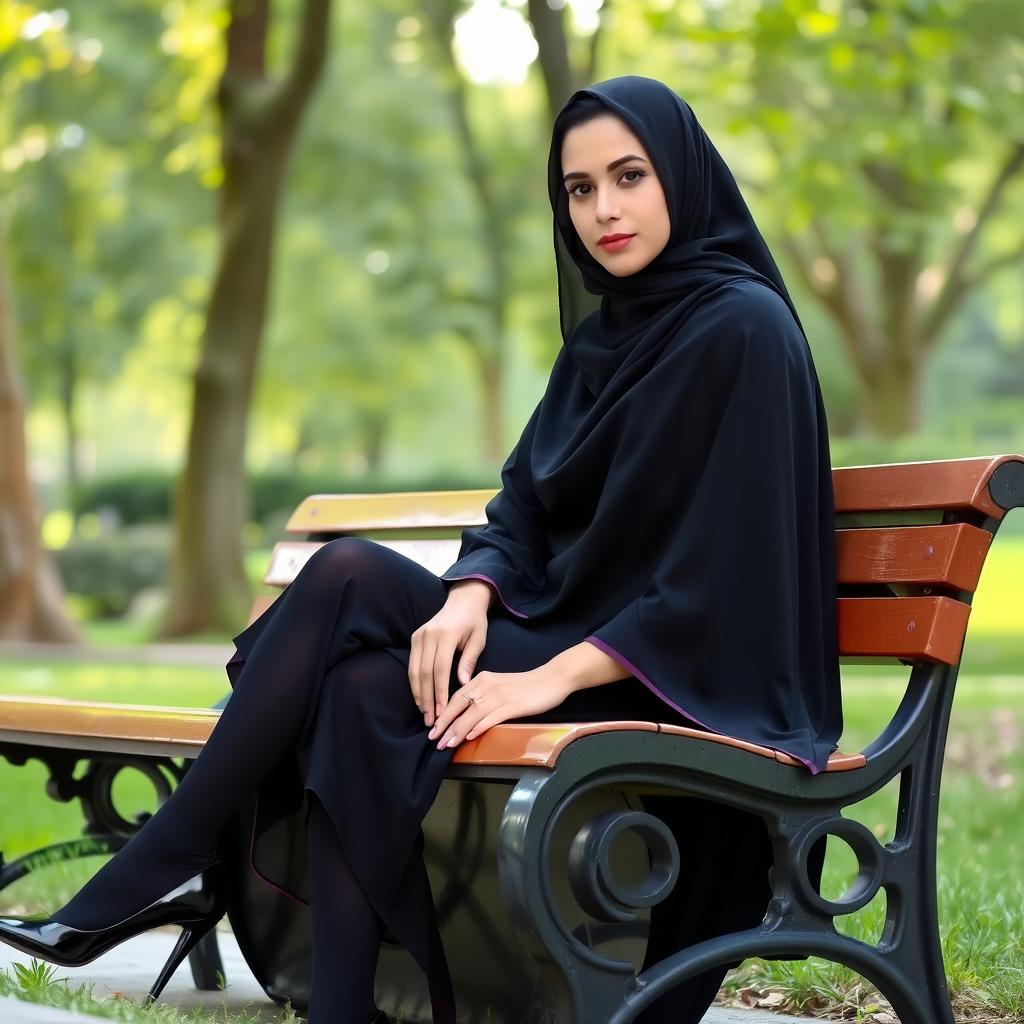A woman in a traditional black chador, wearing black tights and elegant black high heels, sitting on a park bench