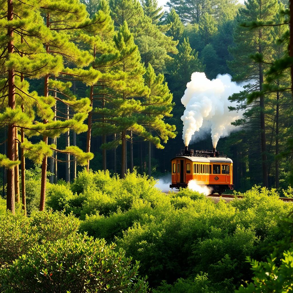 A stunning green forest background featuring tall, healthy trees and lush underbrush, creating a serene natural environment