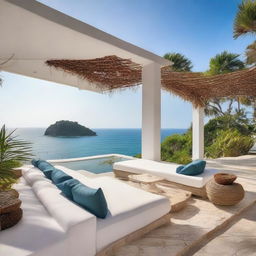 A sophisticated, roofless villa offering a stunning sea view. The top of the villa features an expansive open air lounge area for panoramic views and relaxation.