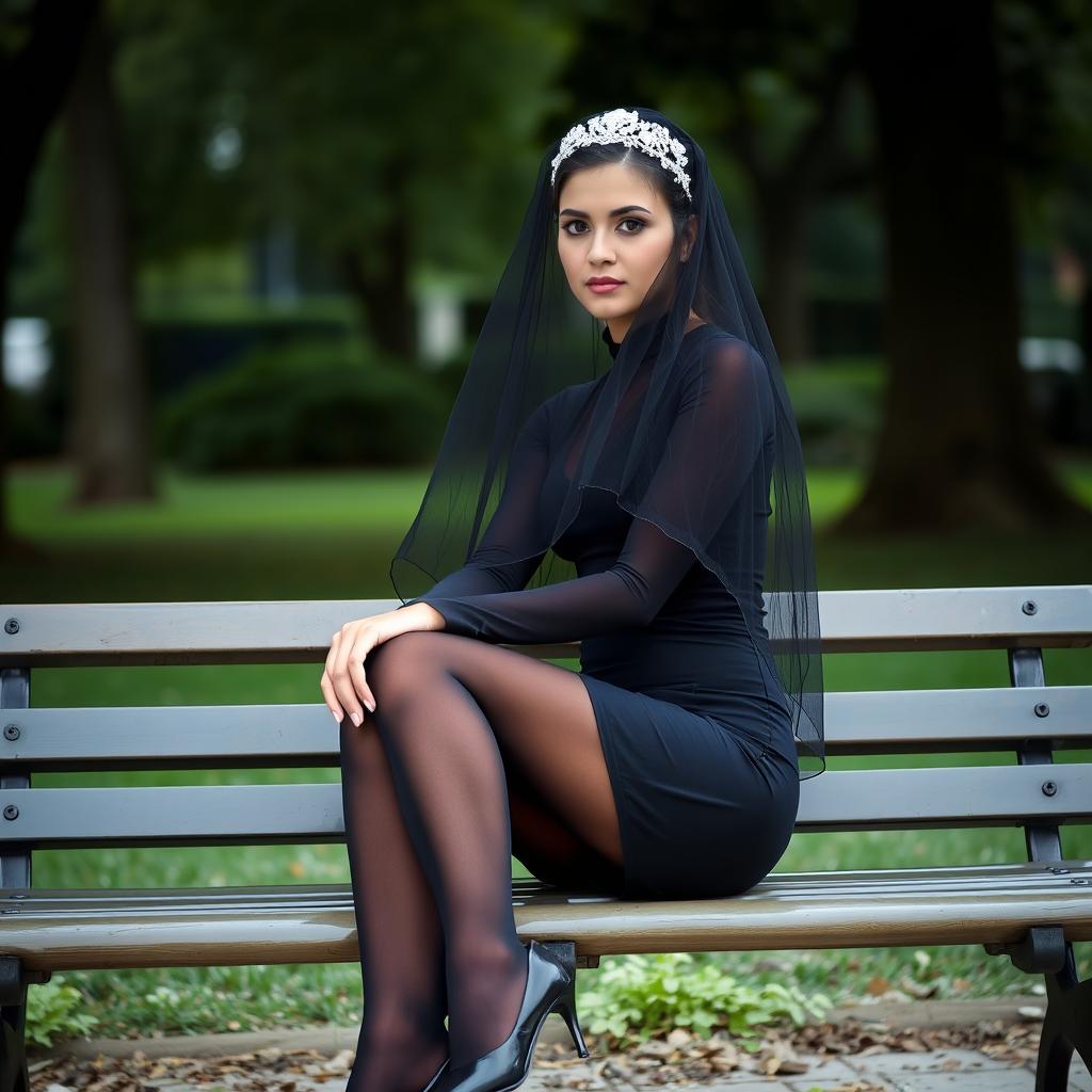 A woman wearing a traditional black veil, complemented by black tights and black high heels, seated on a bench in a park