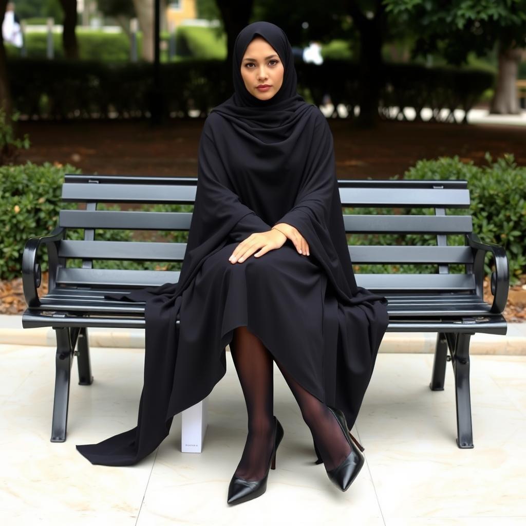 A woman wearing a black chador that fully covers her head and body, paired with black tights and stylish black high heels, seated elegantly on a bench in a park