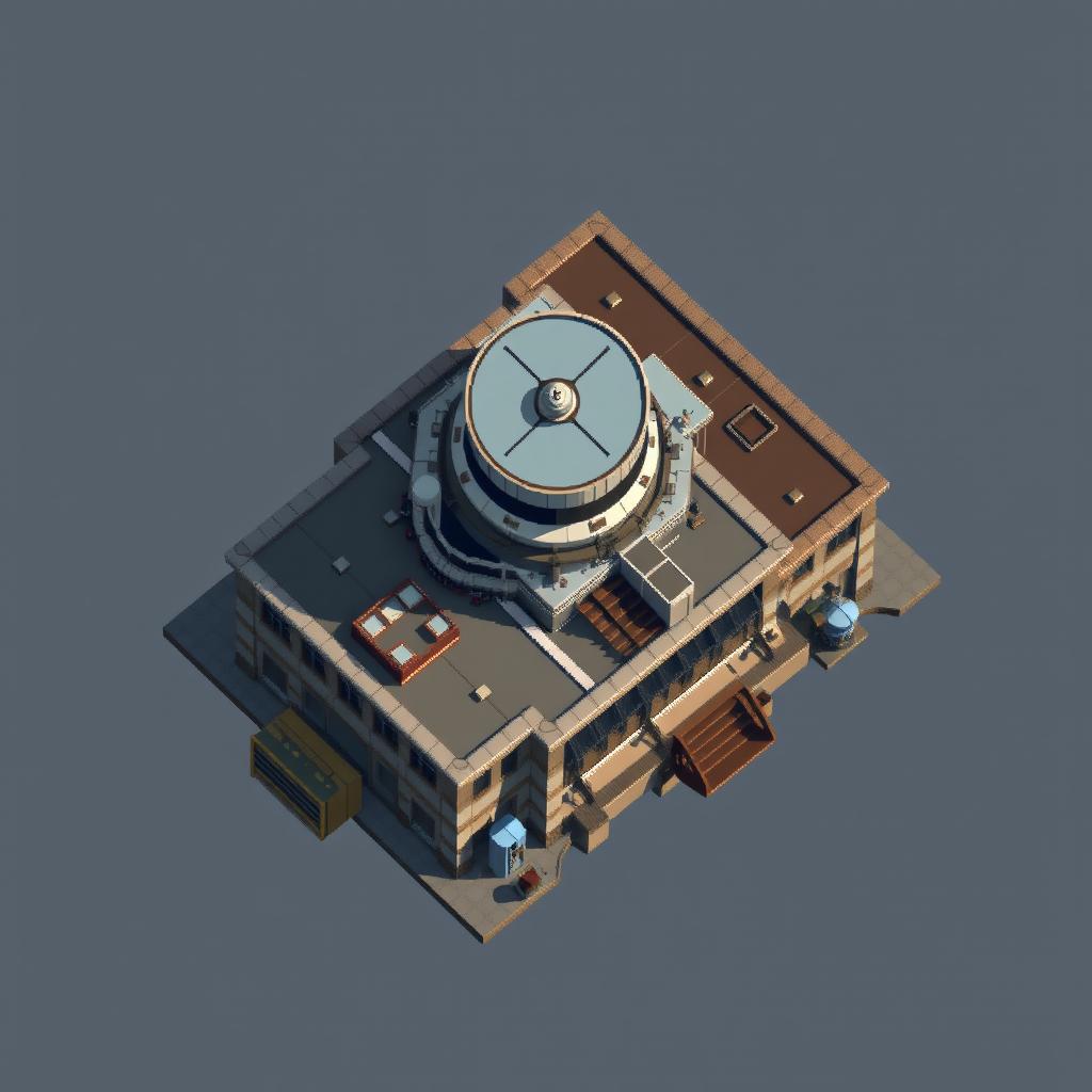 A top-down aerial view of a wide mining refinery building illustrated in pixel art style